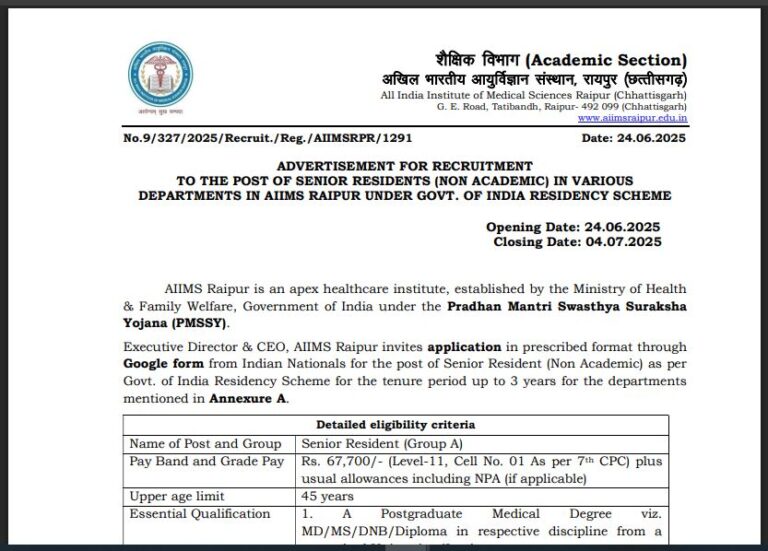 AIIMS Raipur में Senior Resident की भर्ती: पूरी जानकारी II Direct Apply Link